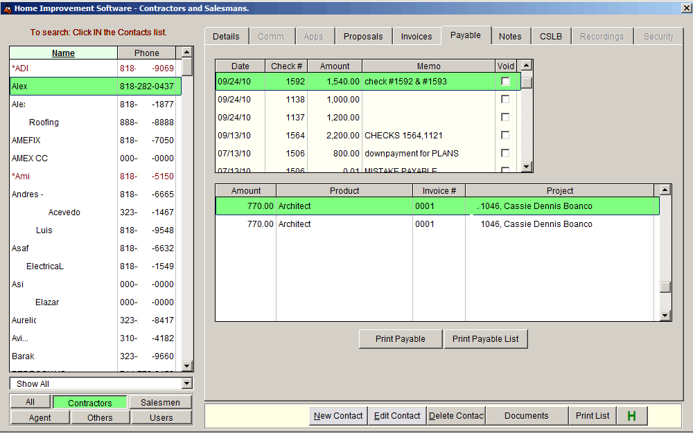 Home Improvement Software Contact Manager Checks