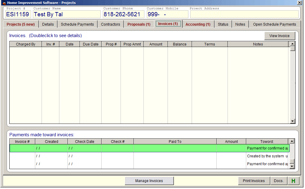 Home Improvement Software Project Invoices